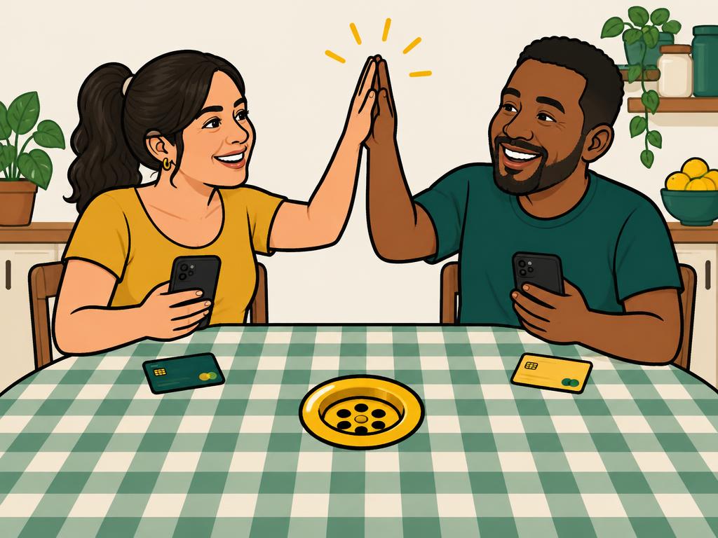 Casal comemorando, cada um com o seu celular e o seu cartão