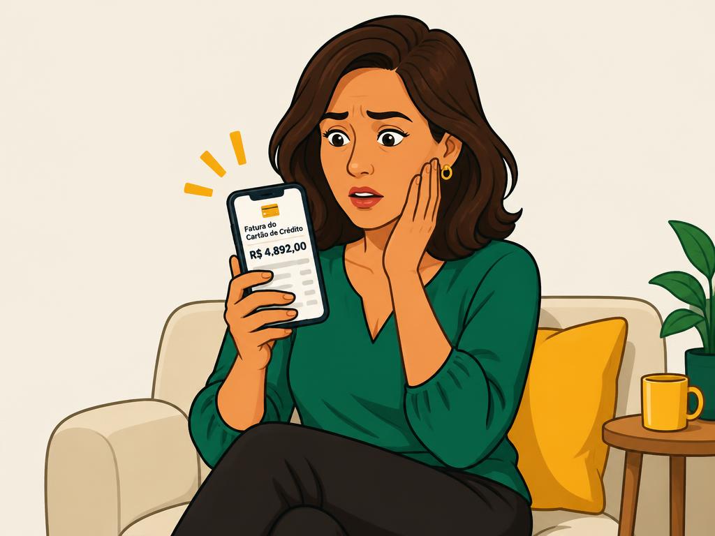 Mulher assustada olhando a fatura do cartão no celular